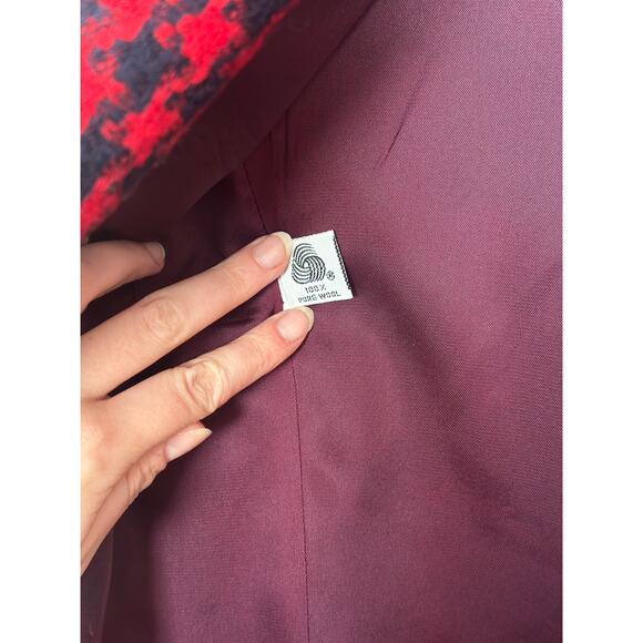 Vintage 100% Wool Blazer Collared Jacket Business Office Navy Red Houndstooth - Picture 7 of 12